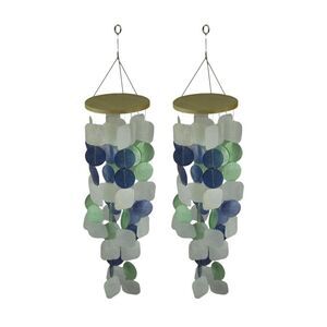 Blue Green and White Capiz Shell Wind Chime for Garden Patio Yard Set of 2